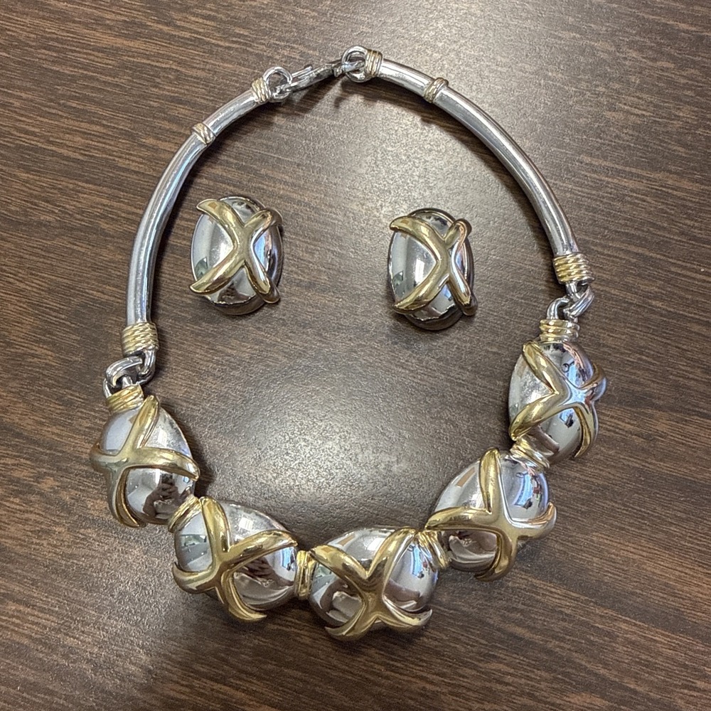 Alexis Kirk Two Tone Silver & Gold Collar Necklace & Earring Modernist Vintage